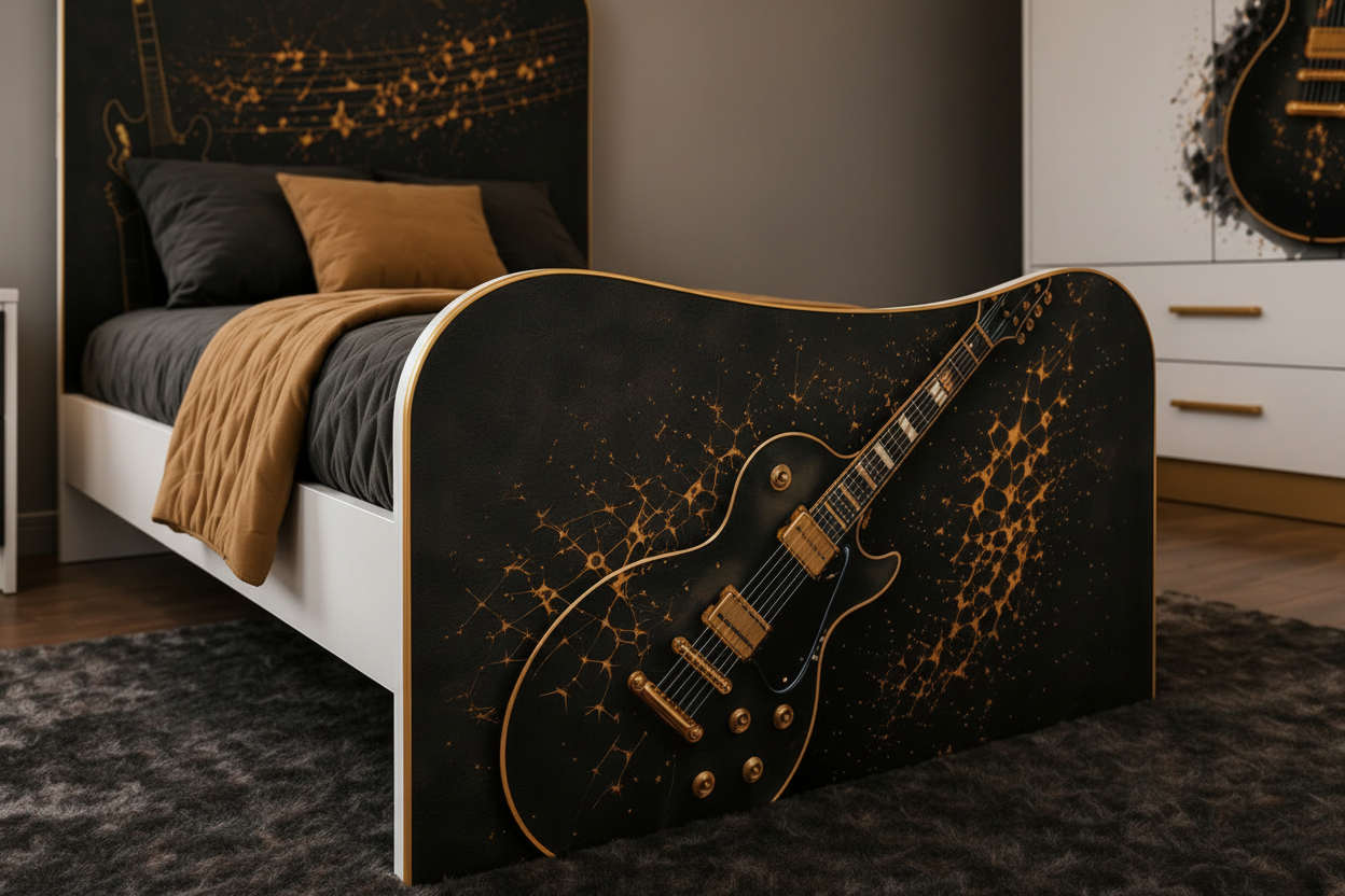 Rockstar Guitar Luxury Room – Cameretta Rock Nero Oro con Letto, Armadio e Comodino per Teenager