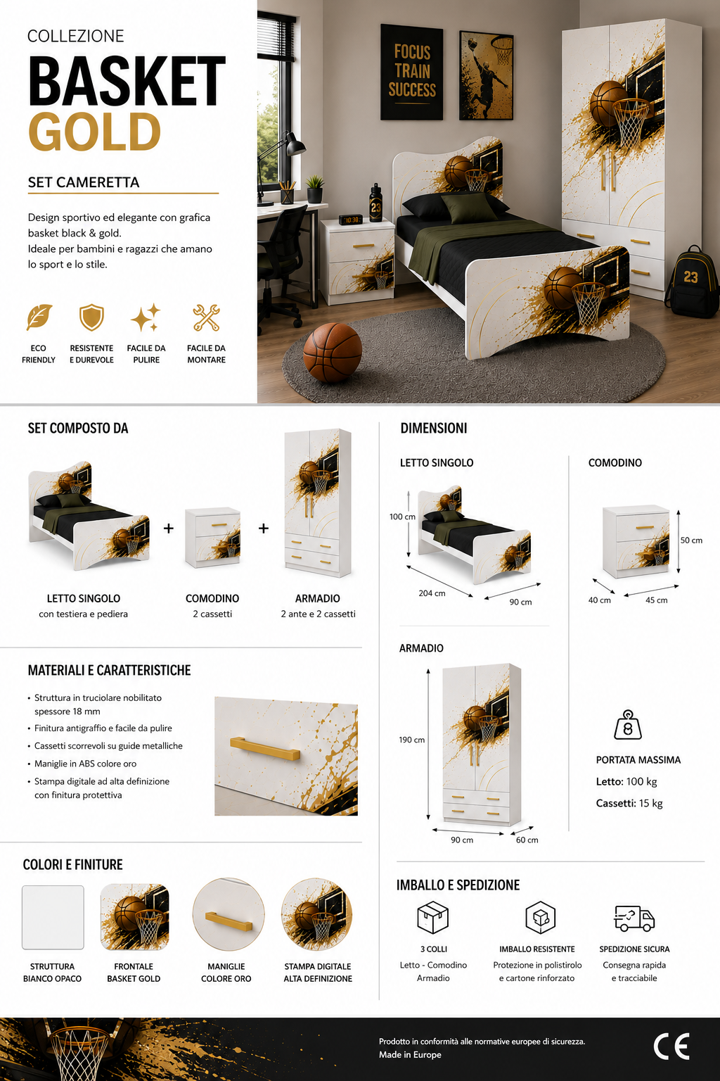 Cameretta Basket Gold Teen – Stile Sportivo Premium