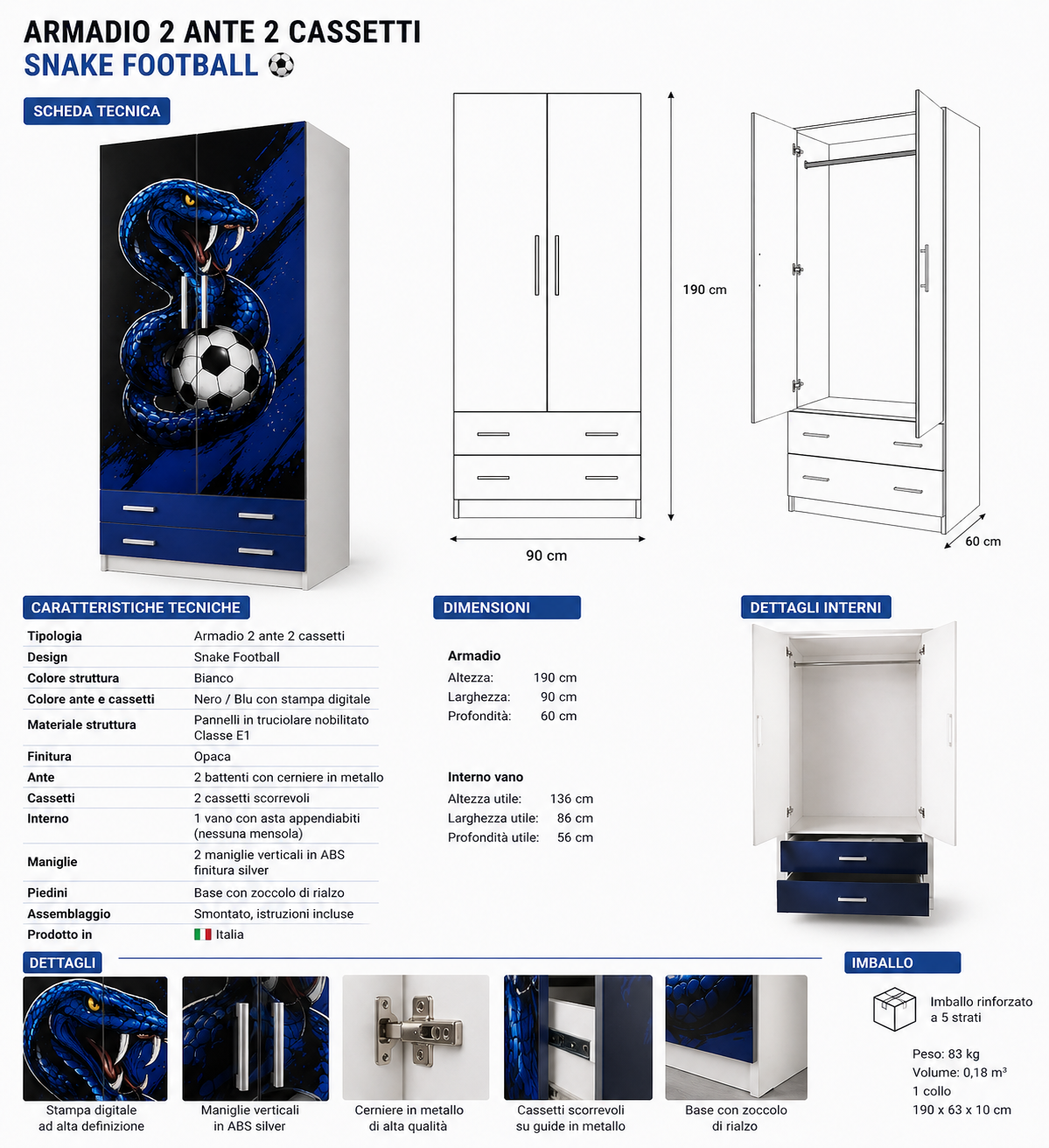 Armadio Nerazzurro Power Style – Design Ispirato al Calcio Milanese 2 Ante 2 Cassetti