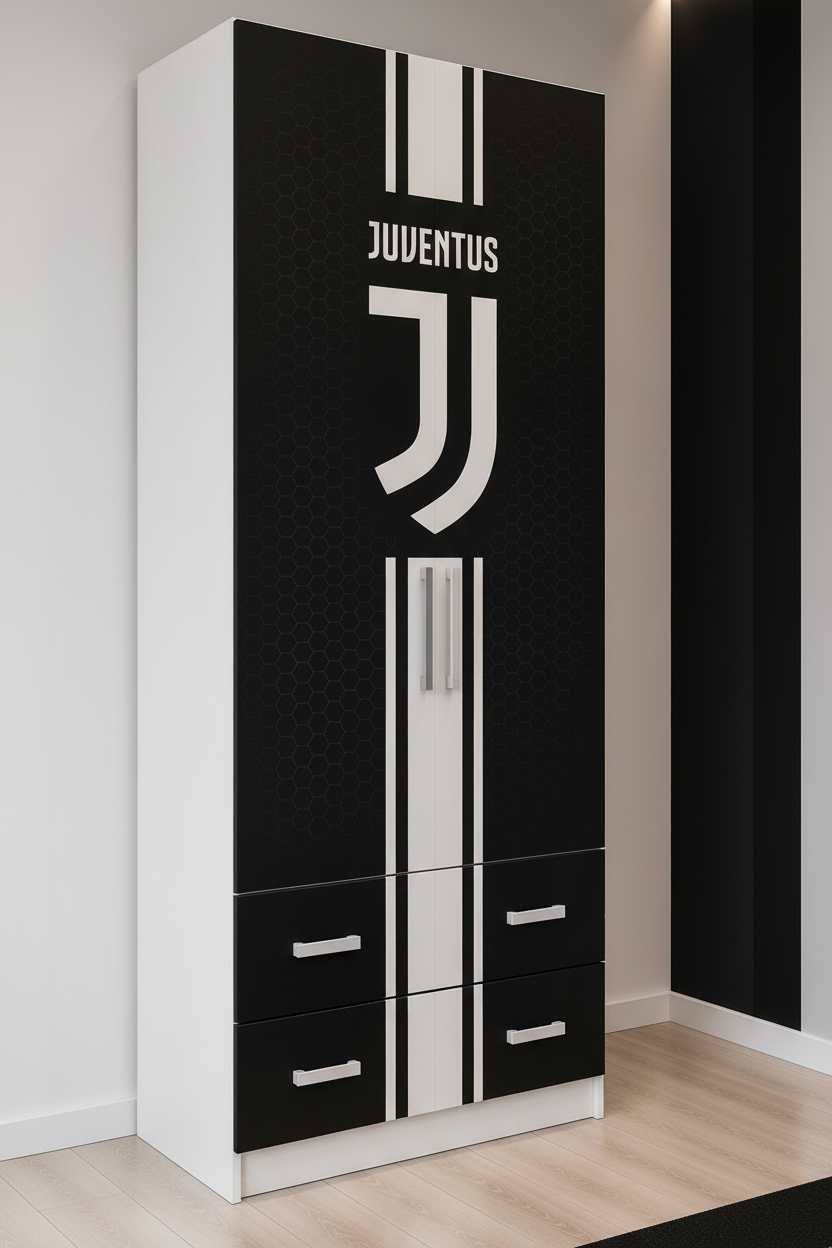 Cameretta Juventus Black Edition – Letto Singolo, Armadio e Comodino