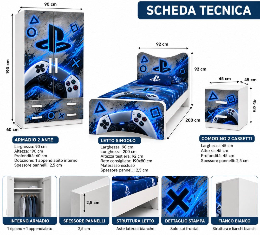 Cameretta PlayStation Gaming – Armadio 2 Ante, Letto Singolo e Comodino | Grigio & Blu