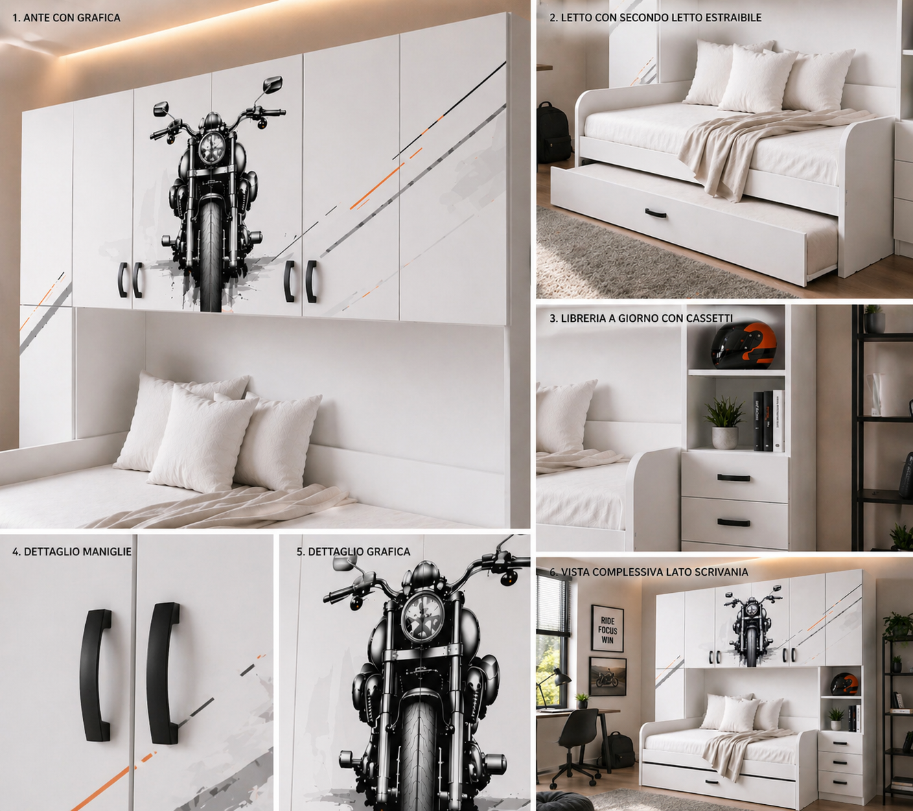 Ride Focus Room – Cameretta a Ponte Moderna per Ragazzi con Letto Estraibile e Grafica Moto Urban Design