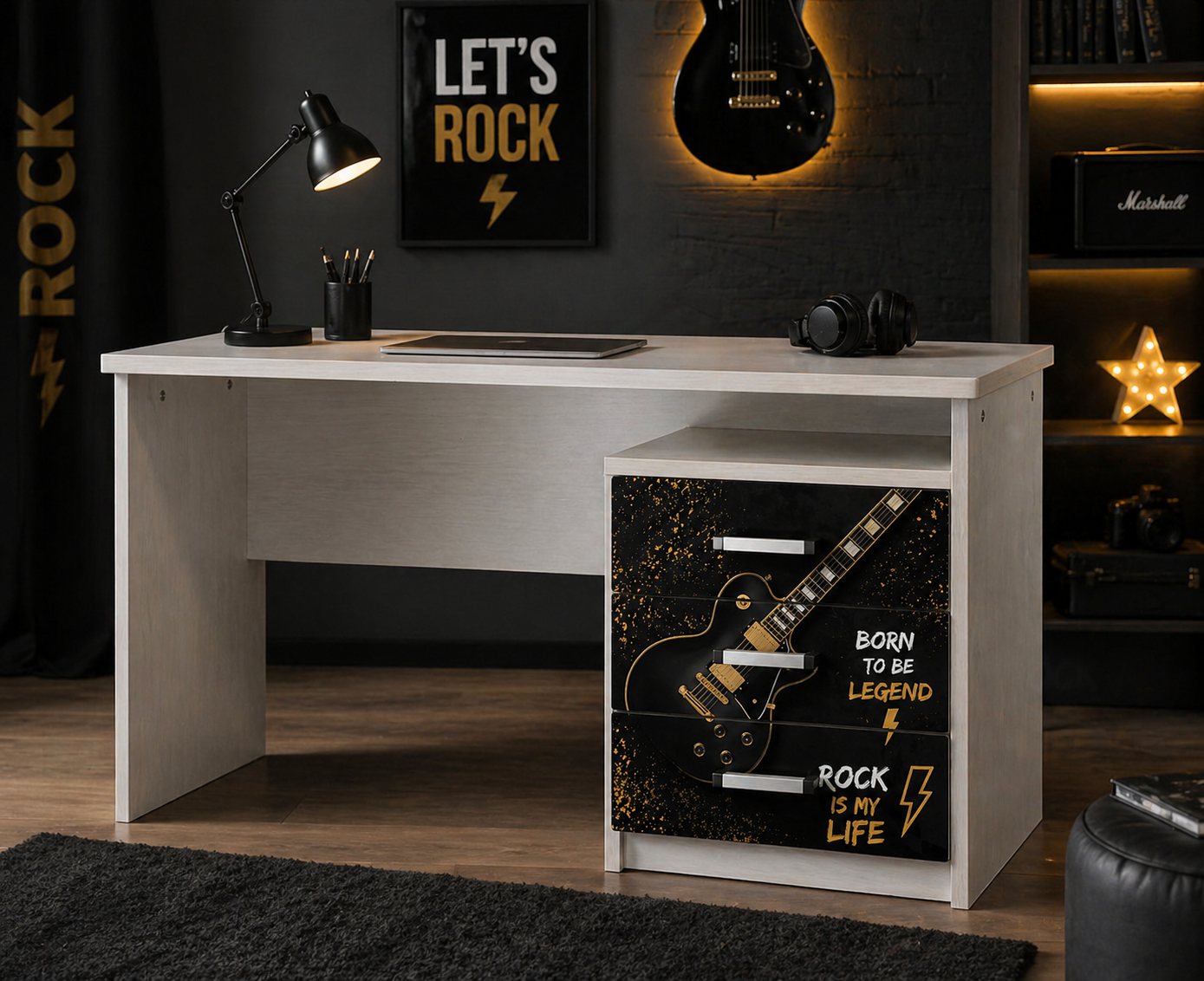 Rock Legend Room – Scrivania con Cassettiera Tema Chitarra Black & Gold