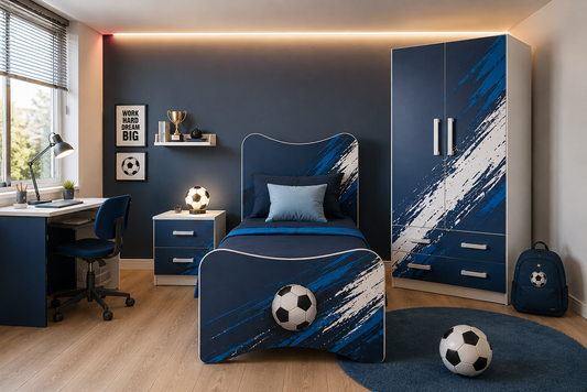 Cameretta Calcio Goal Blue – Letto Calcio Moderno con Armadio e Comodino Grafica Sport Blu Premium