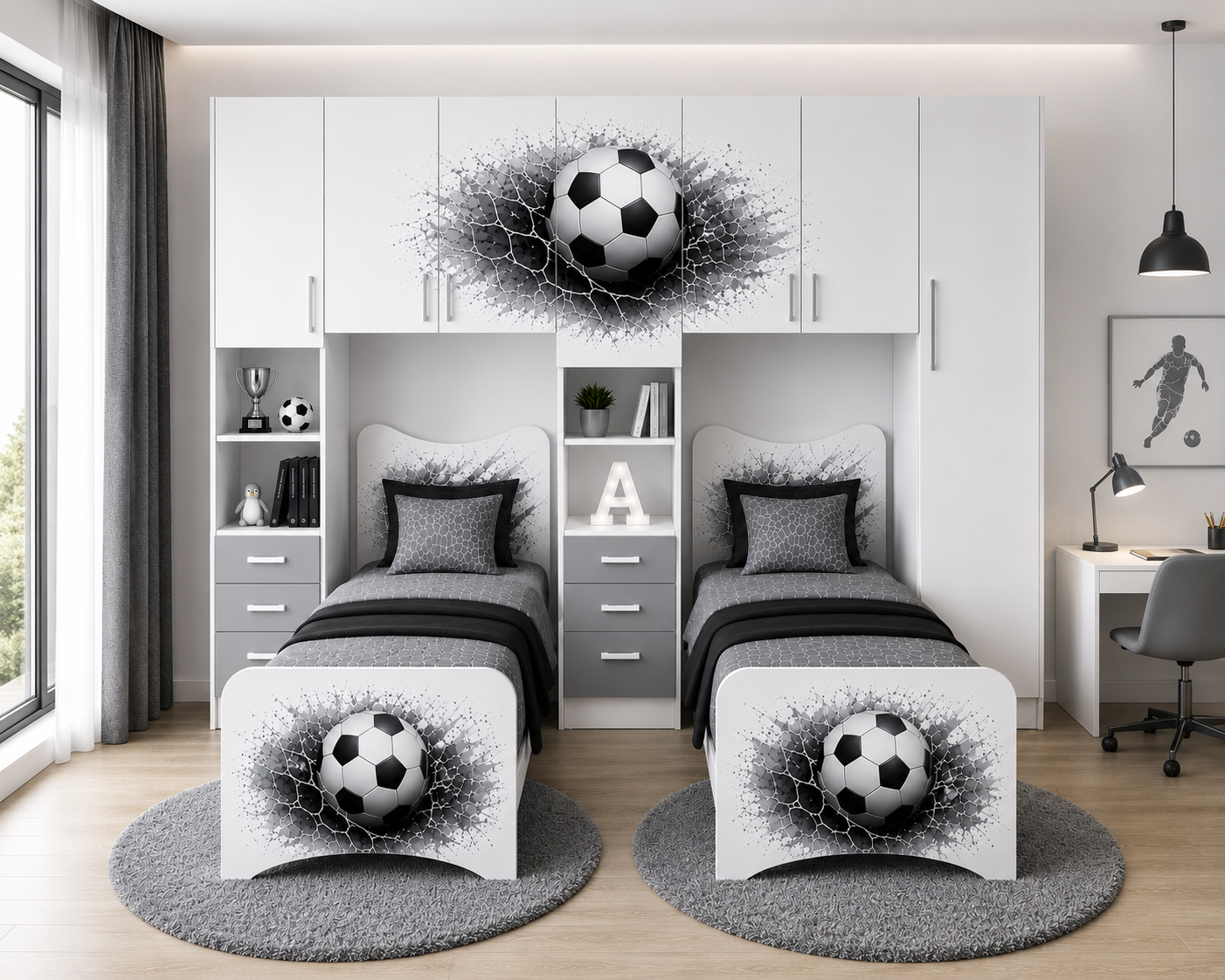 Cameretta a Ponte 2 Letti Calcio Splash – Varianti Blu, Gold e Grigio