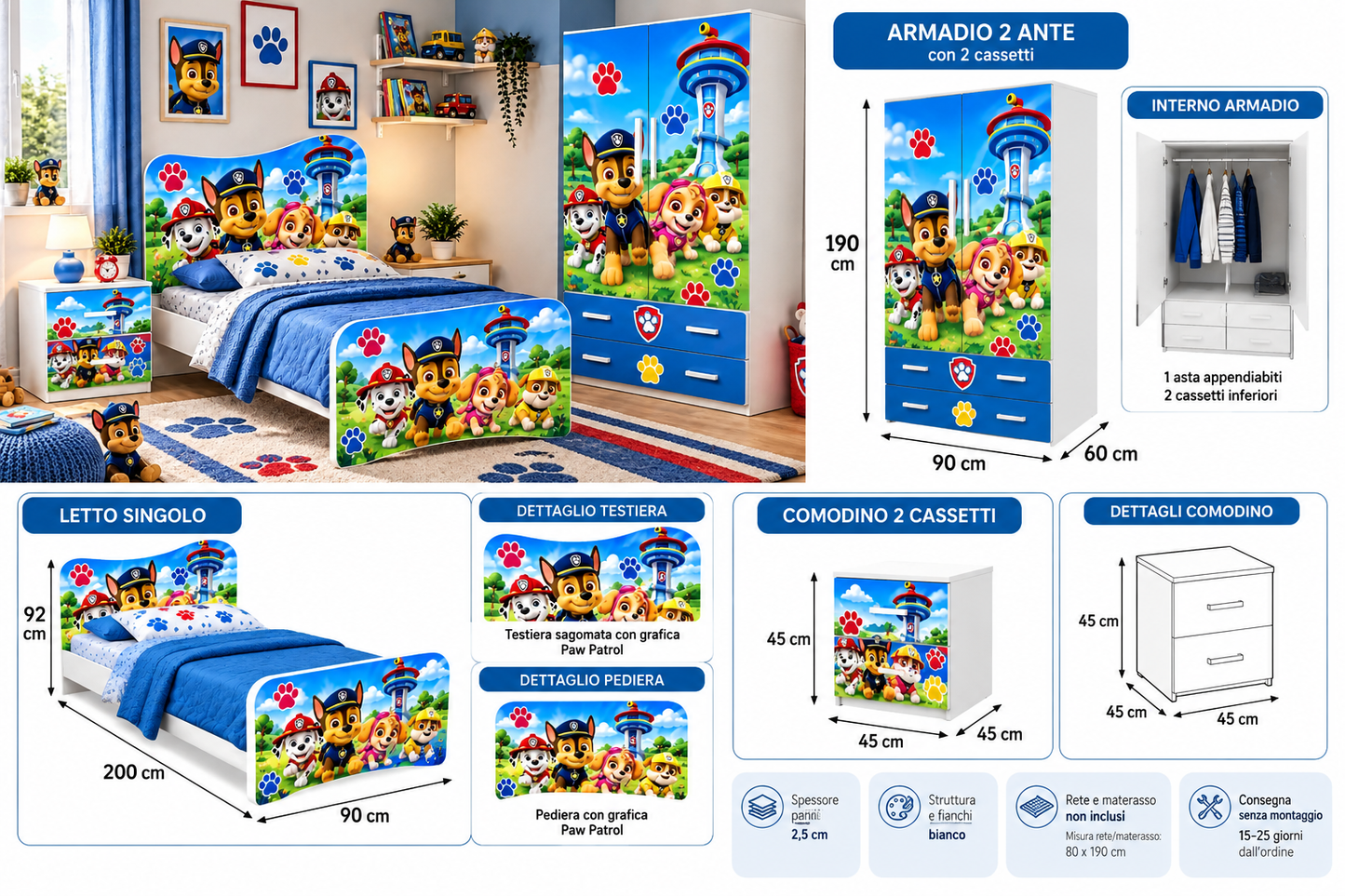 Cameretta Paw Patrol – Set Completo con Armadio, Letto Singolo e Comodino