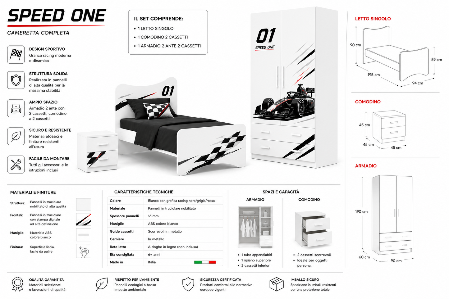 Cameretta Formula Racing 01 – Set Camera Bambino con Armadio, Letto e Comodino Design Formula 1 Moderno