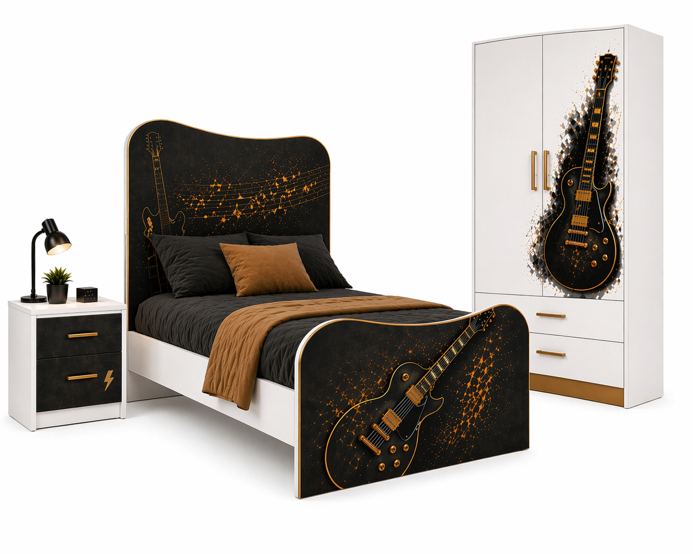 Rockstar Guitar Luxury Room – Cameretta Rock Nero Oro con Letto, Armadio e Comodino per Teenager