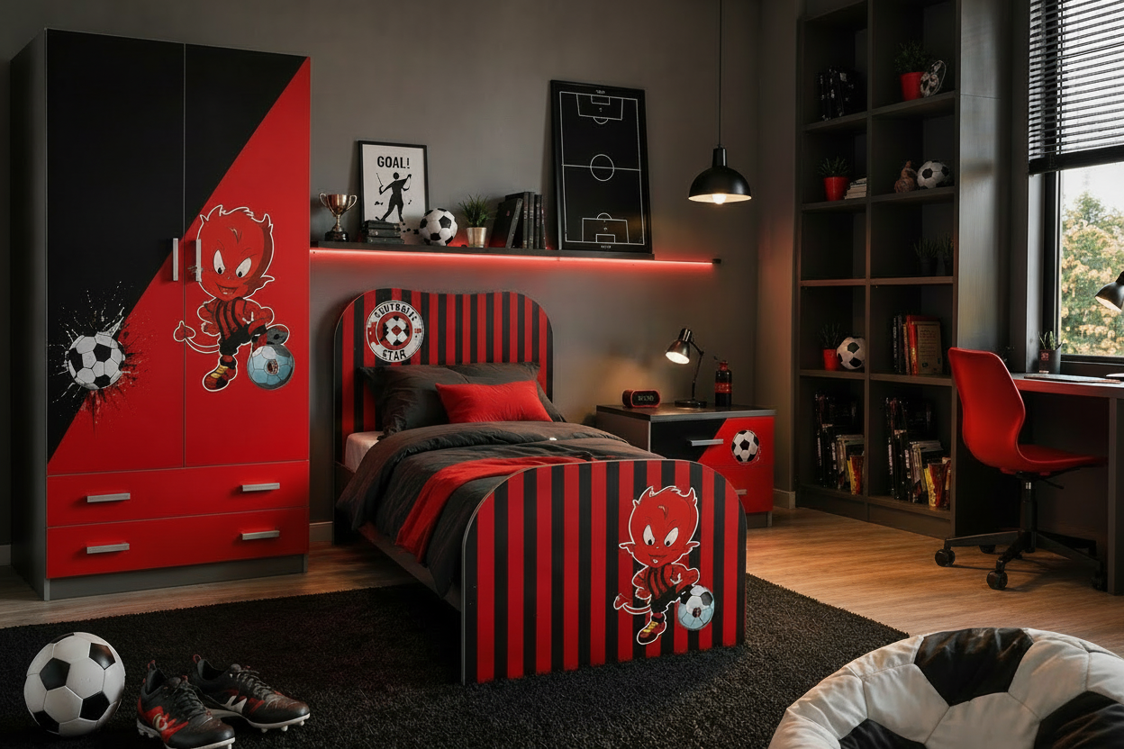 Football Star Milan Red Room – Cameretta Calcio Rosso Nero con Armadio, Letto e Comodino