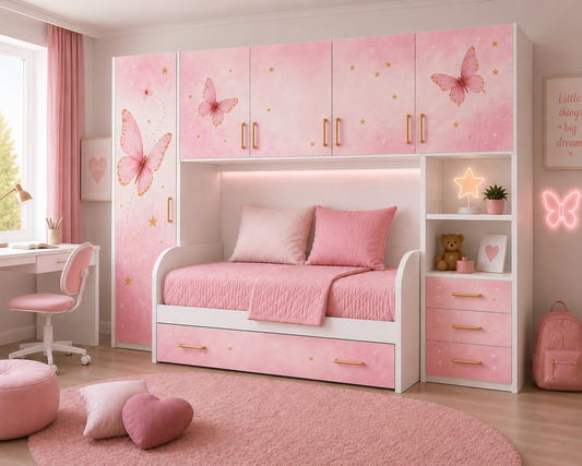 Cameretta a Ponte Dream Farfalla Bianca e Rosa con 2 Letti e Grafica Farfalle Luxury – 295x242 cm