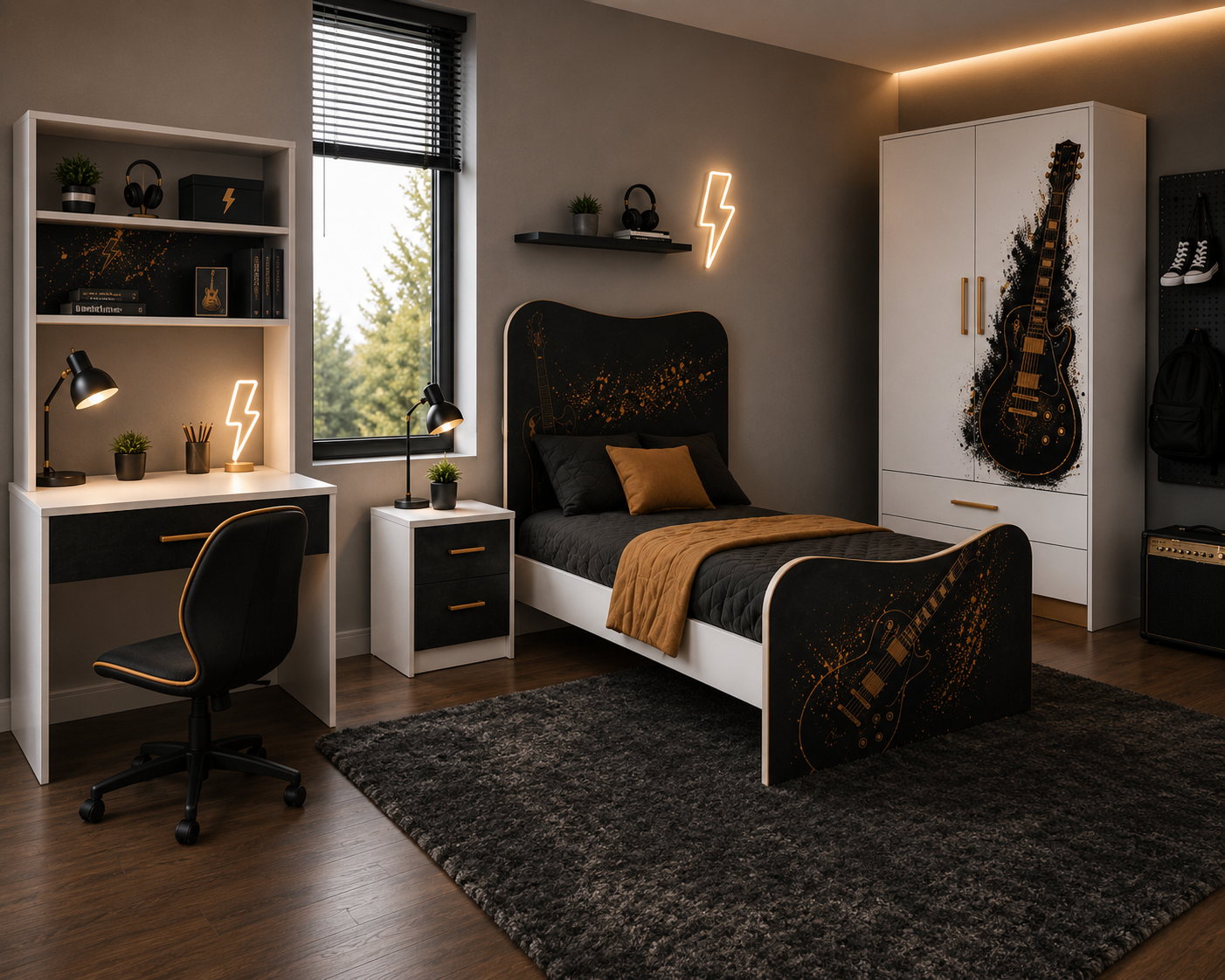 Rockstar Guitar Luxury Room – Cameretta Rock Nero Oro con Letto, Armadio e Comodino per Teenager