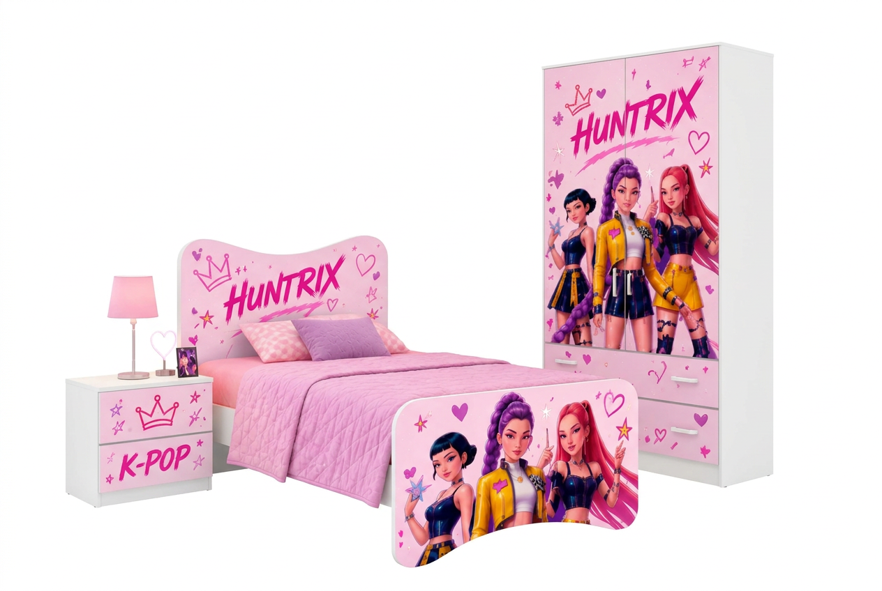 Cameretta Huntrix  K-Pop con Letto Singolo, Armadio 2 Ante e Comodino