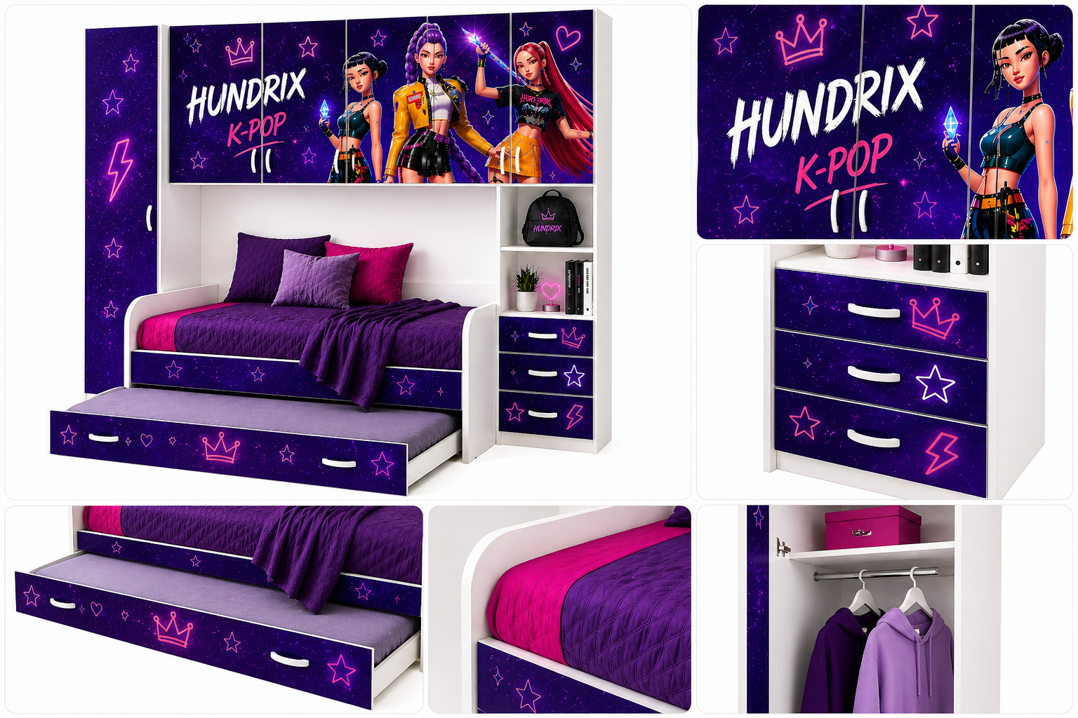 Cameretta a ponte K-pop Hundrix Galaxy viola neon con letto estraibile e doppia rete inclusa
