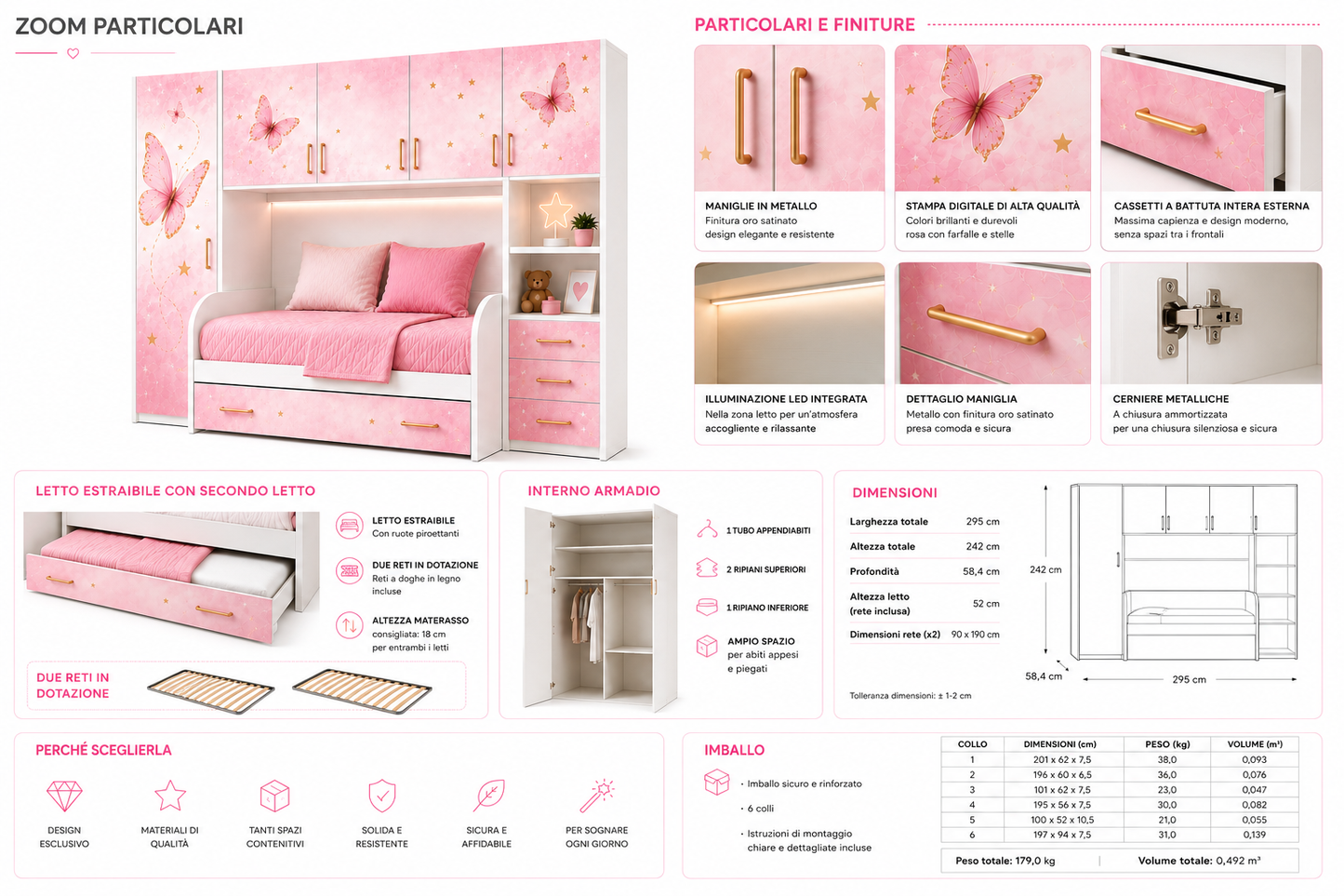 Cameretta a Ponte Dream Farfalla Bianca e Rosa con 2 Letti e Grafica Farfalle Luxury – 295x242 cm