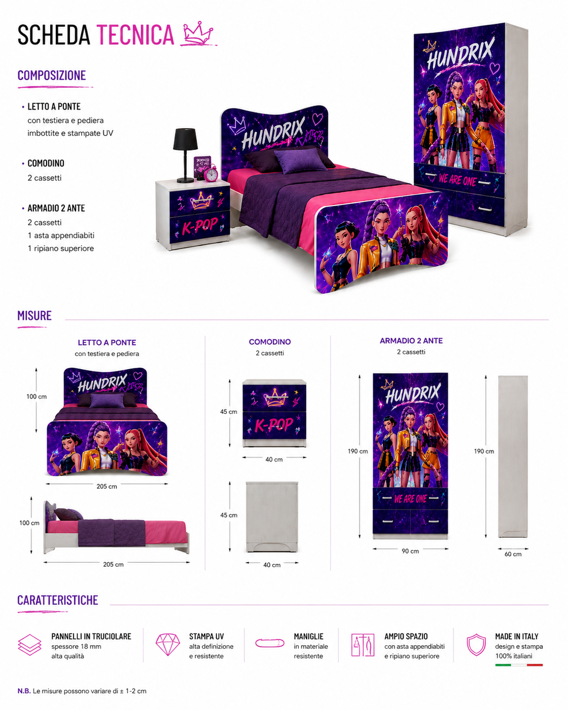 Set camera teen girl Hundrix con letto grafico, comodino e armadio design neon galaxy