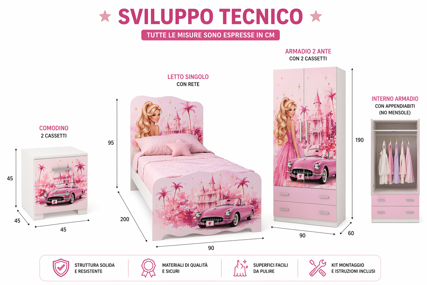 Set cameretta Barbie rosa per bambina con letto singolo decorato, comodino coordinato e armadio moderno stile luxury princess